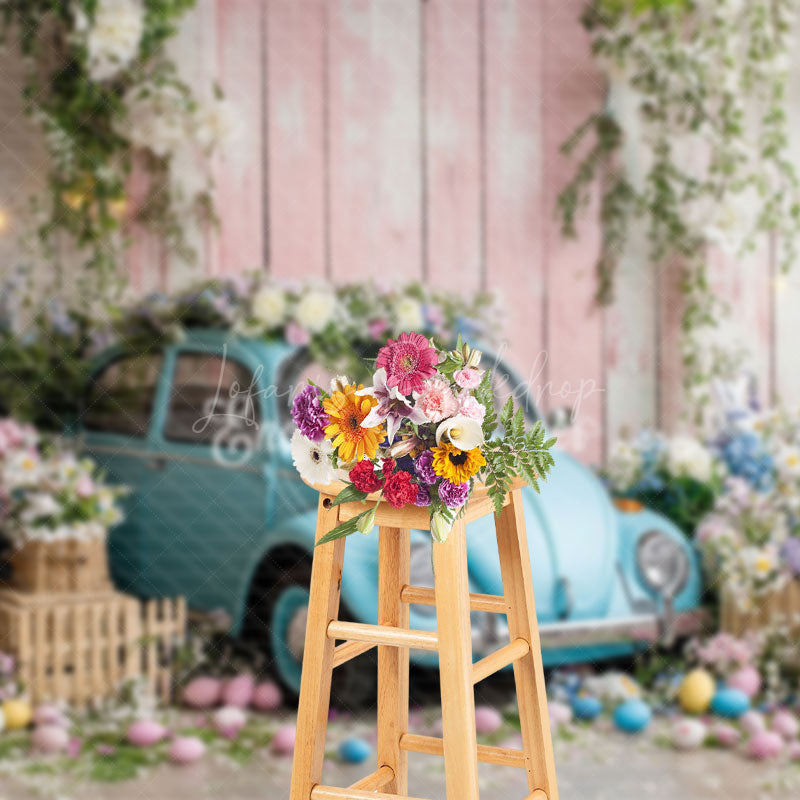 Lofaris Blue Beetle Car Eggs Flowers Easter Canto Backdrop