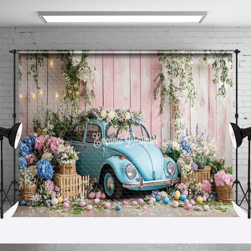 Lofaris Blue Beetle Car Eggs Flowers Easter Canto Backdrop