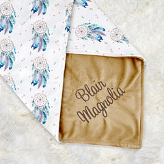 Lofaris Blue Boho Dreamcatcher Minky Baby Blanket For Boys
