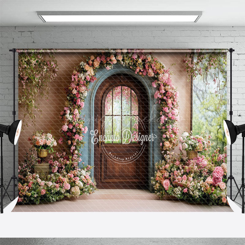 Lofaris Blue Brown Door Floral Plant Wedding Photo Backdrop