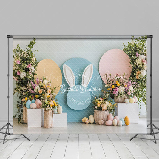 Lofaris Blue Bunny Ear Floral Eggs Easter Photo Backdrop