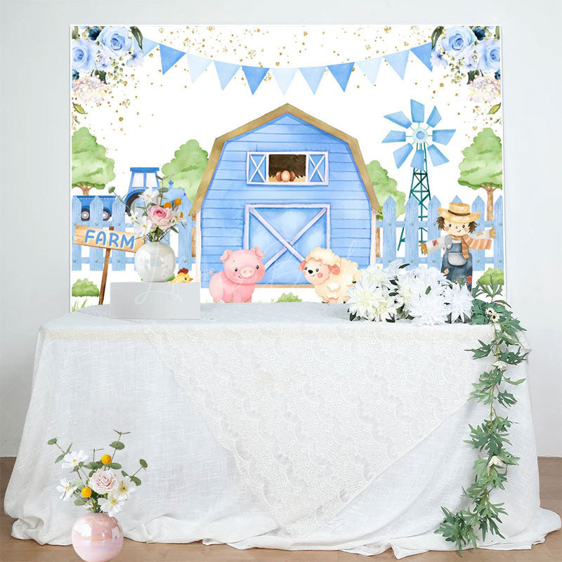 Lofaris Blue Cartoon Farm Flags Floral Birthday Backdrop