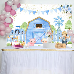Lofaris Blue Cartoon Farm Flags Floral Birthday Backdrop