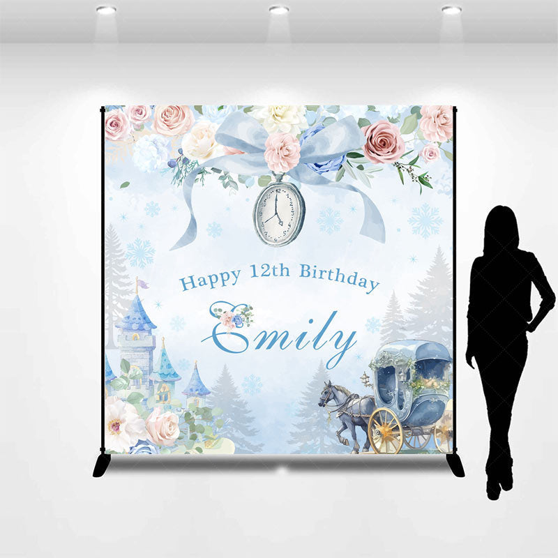 Lofaris Blue Castle Floral Custom Name 12th Birthday Backdrop
