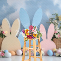 Lofaris Blue Cloud Wall Bunny Ear Floral Eggs Easter Backdrop