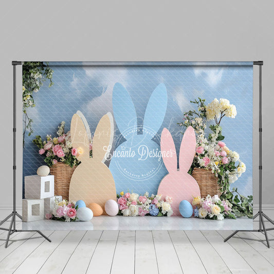 Lofaris Blue Cloud Wall Bunny Ear Floral Eggs Easter Backdrop