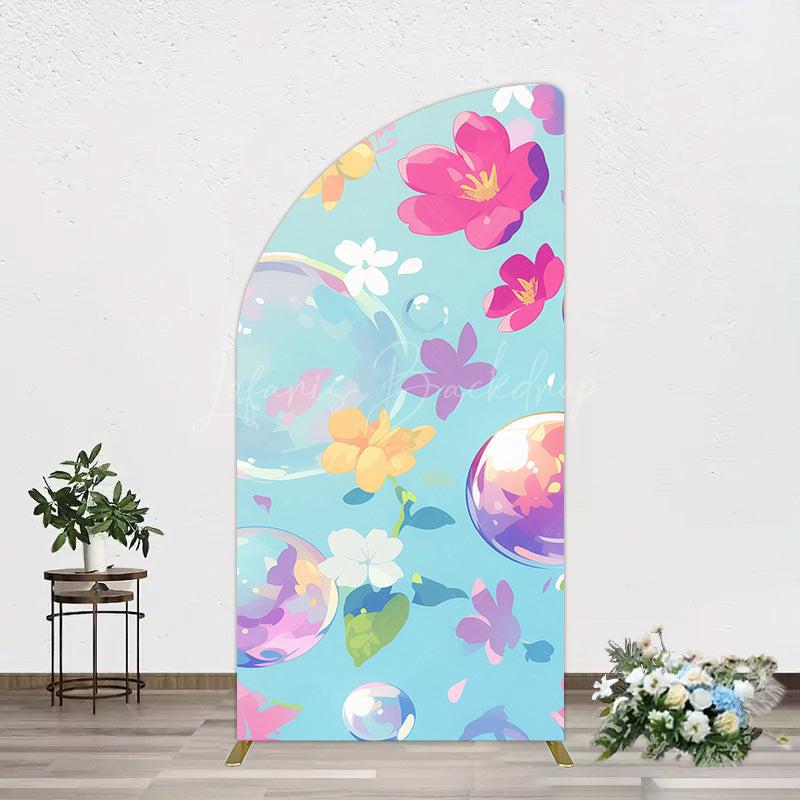 Lofaris Blue Colorful Floral Bubbles Birthday Half Moon Arch Backdrop