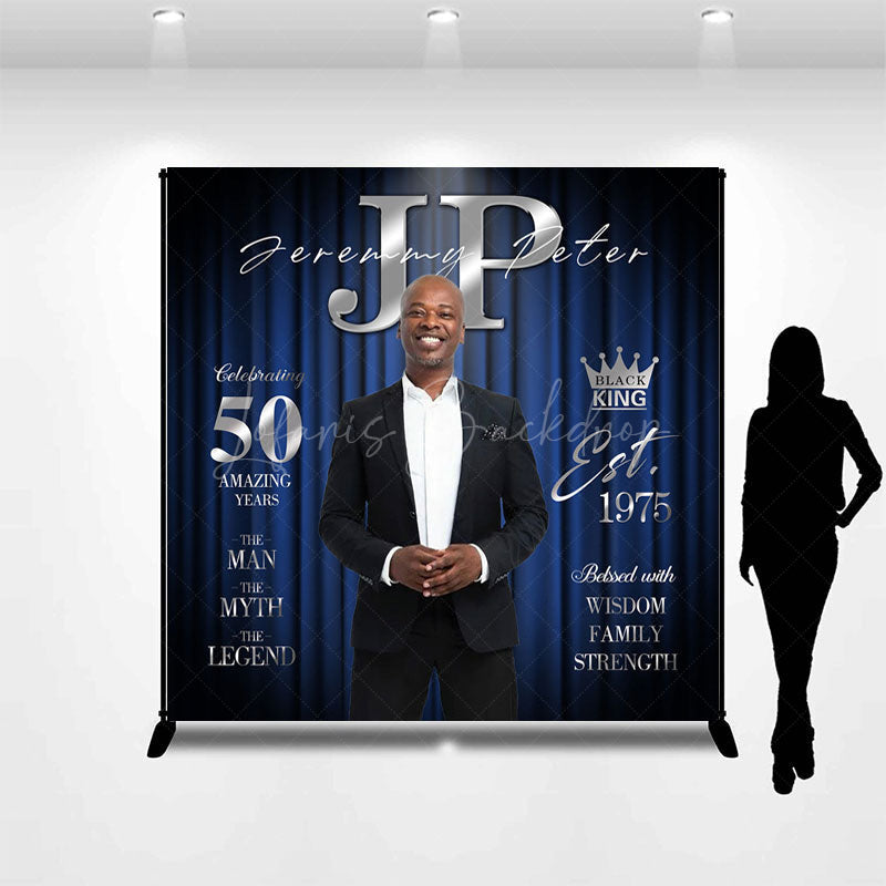 Lofaris Blue Curtain Custom Name Photo 50th Birthday Backdrop