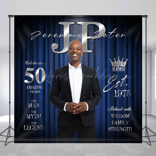 Lofaris Blue Curtain Custom Name Photo 50th Birthday Backdrop