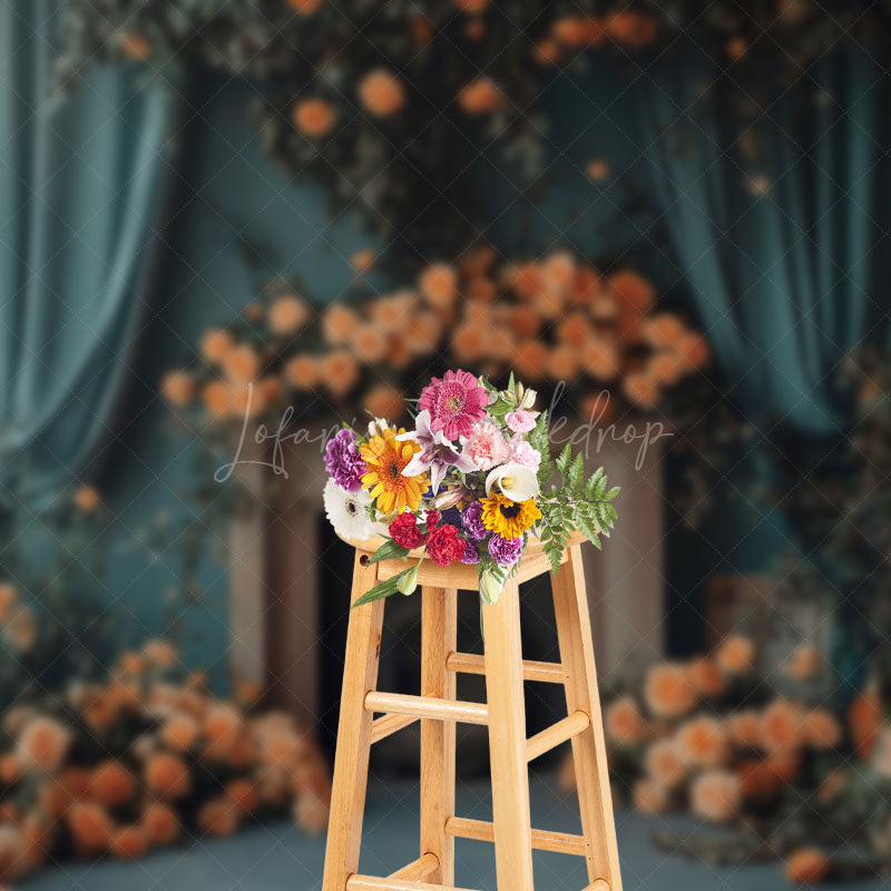 Lofaris Blue Curtain Romantic Floral Leaf Wedding Backdrop