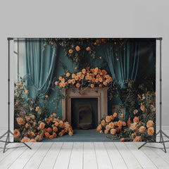 Lofaris Blue Curtain Romantic Floral Leaf Wedding Backdrop
