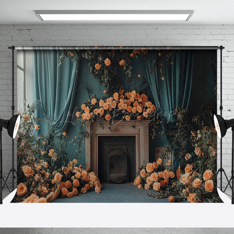 Lofaris Blue Curtain Romantic Floral Leaf Wedding Backdrop