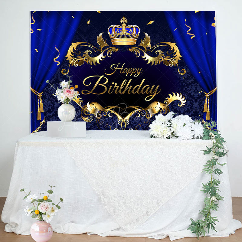Lofaris Blue Curtain Royal Crown Ribbons Birthday Backdrop