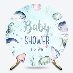 Lofaris Blue Cute Undersea Animals Baby Shower Round Backdrop