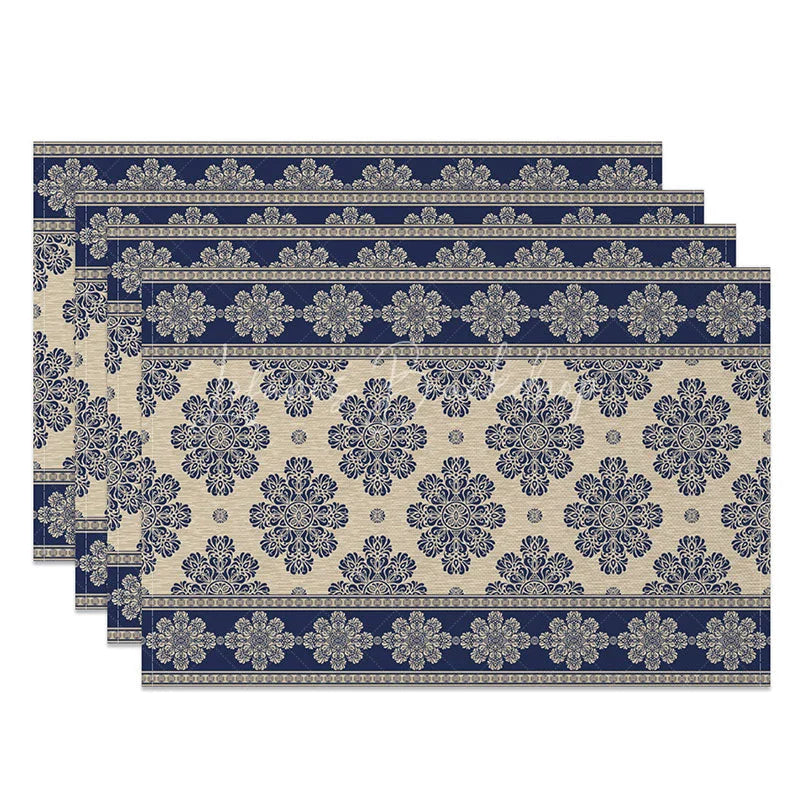 Lofaris Blue Damask Set of 4 Placemats Vintage Paisley Floral Pattern Elegant Beige Border Table Mats