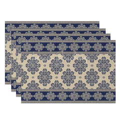 Lofaris Blue Damask Set of 4 Placemats Vintage Paisley Floral Pattern Elegant Beige Border Table Mats