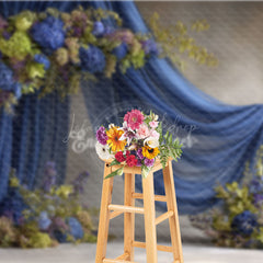 Lofaris Blue Draped Fabric Arch Photography Backdrop Green Hydrangea Floral Decor Elegant Maternity Photo Background