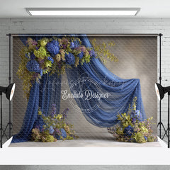 Lofaris Blue Draped Fabric Arch Photography Backdrop Green Hydrangea Floral Decor Elegant Maternity Photo Background