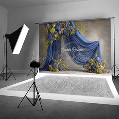 Lofaris Blue Draped Fabric Arch Photography Backdrop Green Hydrangea Floral Decor Elegant Maternity Photo Background