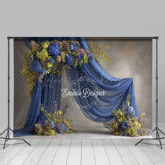 Lofaris Blue Draped Fabric Arch Photography Backdrop Green Hydrangea Floral Decor Elegant Maternity Photo Background