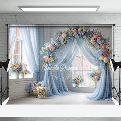 Lofaris Blue Draped Wedding Arch Photography Backdrop Pink and White Floral Decor Romantic Indoor Ceremony Background