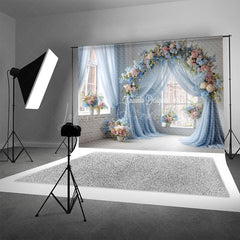Lofaris Blue Draped Wedding Arch Photography Backdrop Pink and White Floral Decor Romantic Indoor Ceremony Background