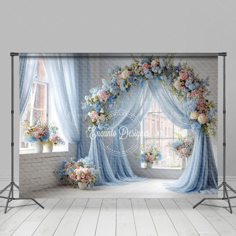 Lofaris Blue Draped Wedding Arch Photography Backdrop Pink and White Floral Decor Romantic Indoor Ceremony Background