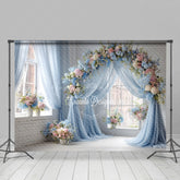 Lofaris Blue Draped Wedding Arch Photography Backdrop Pink and White Floral Decor Romantic Indoor Ceremony Background