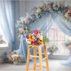 Lofaris Blue Draped Wedding Arch Photography Backdrop Pink and White Floral Decor Romantic Indoor Ceremony Background