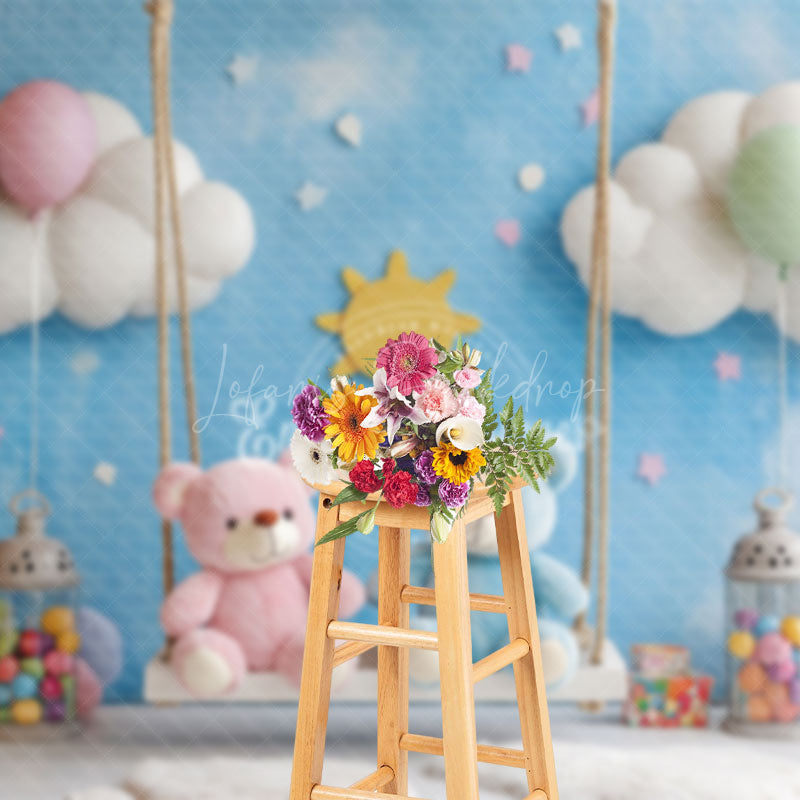 Lofaris Blue Fairy Swing Bear Balloons Cake Smash Backdrop