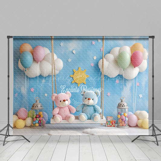 Lofaris Blue Fairy Swing Bear Balloons Cake Smash Backdrop
