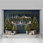 Lofaris Blue Farmhouse Hutch Christmas Photography Backdrop Neutral Holiday Decor with Trees Modern Rustic Background