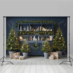 Lofaris Blue Farmhouse Hutch Christmas Photography Backdrop Neutral Holiday Decor with Trees Modern Rustic Background