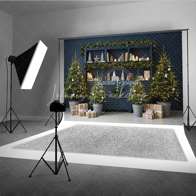 Lofaris Blue Farmhouse Hutch Christmas Photography Backdrop Neutral Holiday Decor with Trees Modern Rustic Background