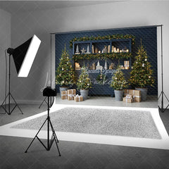 Lofaris Blue Farmhouse Hutch Christmas Photography Backdrop Neutral Holiday Decor with Trees Modern Rustic Background