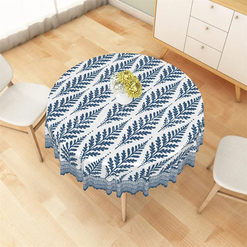 Lofaris Blue Fern Leaf Geometric Round Tablecloth Botanical Pattern Table Cover for Dining Room
