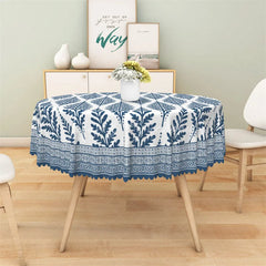 Lofaris Blue Fern Leaf Geometric Round Tablecloth Botanical Pattern Table Cover for Dining Room