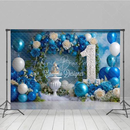 Lofaris Blue Floral and Balloon First Birthday Photography Backdrop Elegant Royal Party Decor