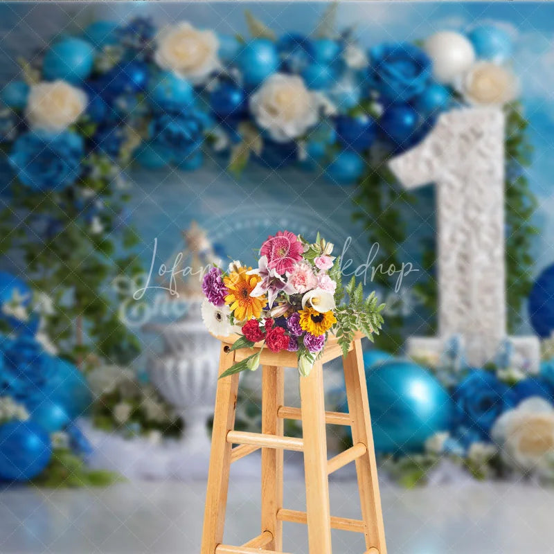 Lofaris Blue Floral and Balloon First Birthday Photography Backdrop Elegant Royal Party Decor