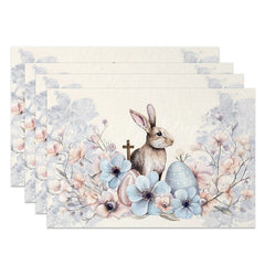 Lofaris Blue Floral Cross Easter Bunny Set of 4 Placemats Religious Rabbit Egg Table Mats for Holy Day