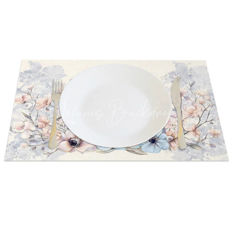Lofaris Blue Floral Cross Easter Bunny Set of 4 Placemats Religious Rabbit Egg Table Mats for Holy Day