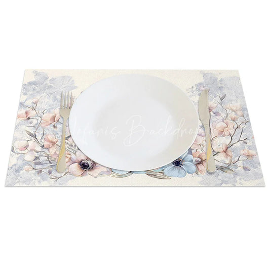 Lofaris Blue Floral Cross Easter Bunny Set of 4 Placemats Religious Rabbit Egg Table Mats for Holy Day
