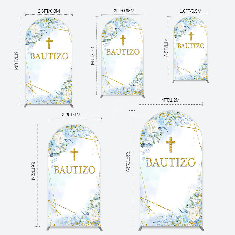 Lofaris Blue Floral Gold Cross Bautizo Baptism Arch Backdrop