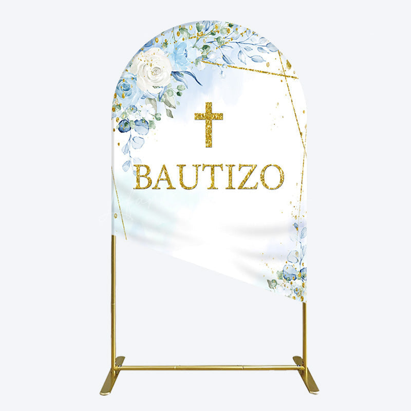 Lofaris Blue Floral Gold Cross Bautizo Baptism Arch Backdrop