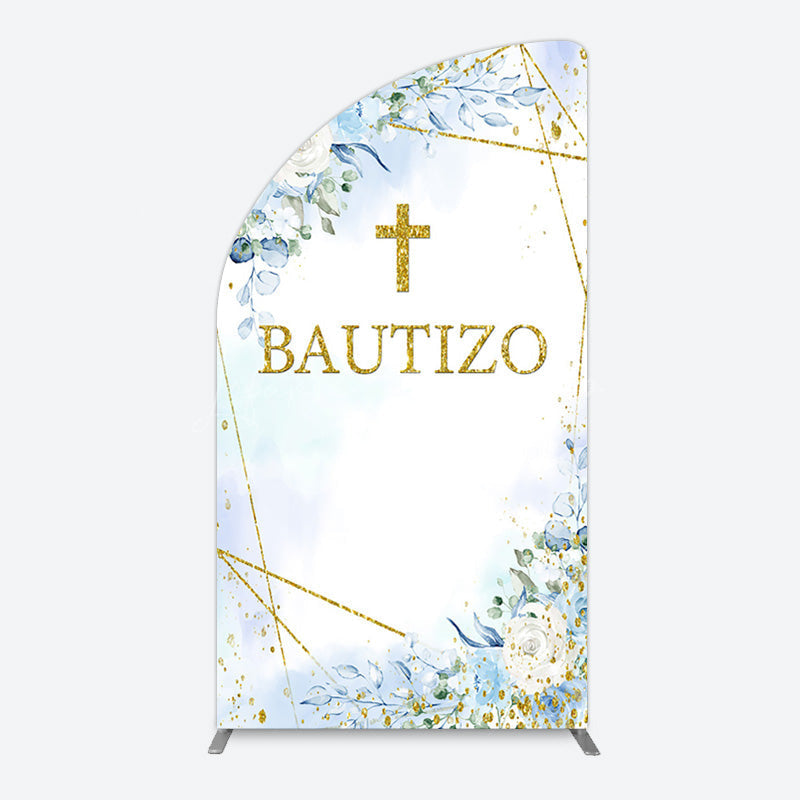 Lofaris Blue Floral Gold Cross Bautizo Baptism Half Moon Arch Backdrop