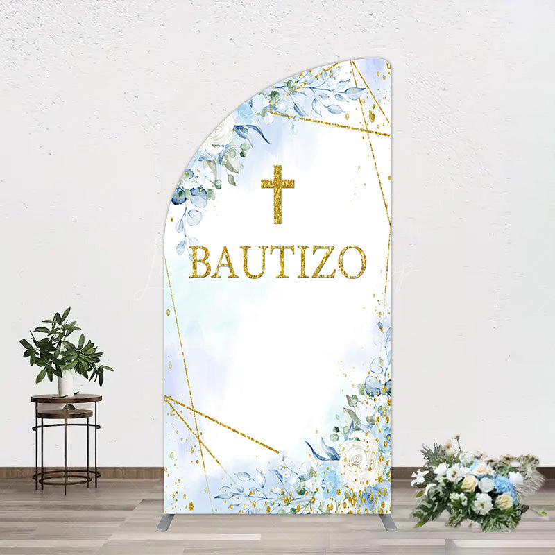 Lofaris Blue Floral Gold Cross Bautizo Baptism Half Moon Arch Backdrop