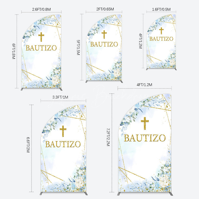 Lofaris Blue Floral Gold Cross Bautizo Baptism Half Moon Arch Backdrop