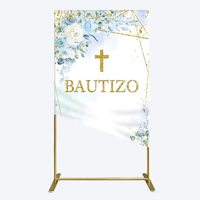 Lofaris Blue Floral Gold Cross Bautizo Baptism Rectangle Backdrop