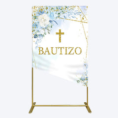Lofaris Blue Floral Gold Cross Bautizo Baptism Rectangle Backdrop