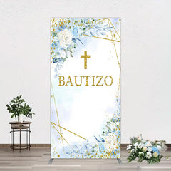 Lofaris Blue Floral Gold Cross Bautizo Baptism Rectangle Backdrop